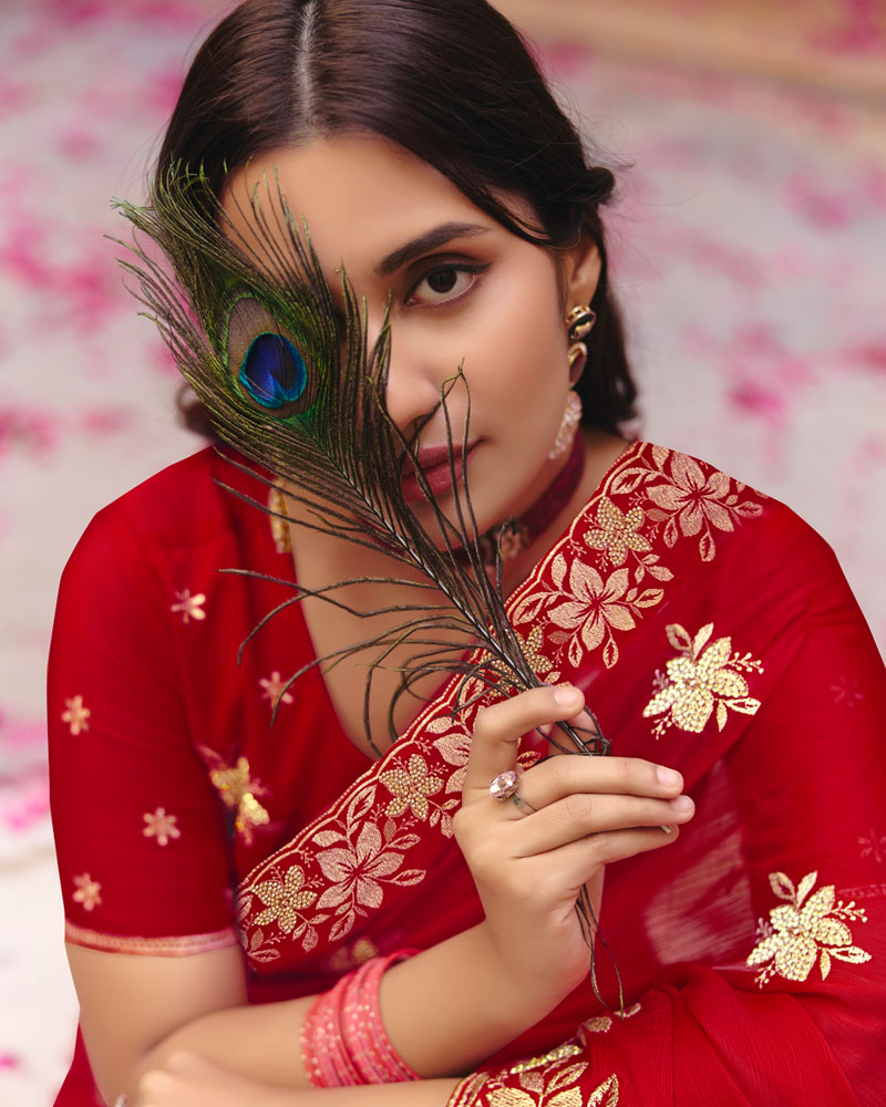 Chili Red Designer Fancy Chiffon Saree With Zari Embroidery-Diamond Work And Cut Work Border