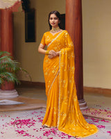 Yellowish Orange Designer Fancy Chiffon Saree With Zari Embroidery-Diamond Work And Cut Work Border