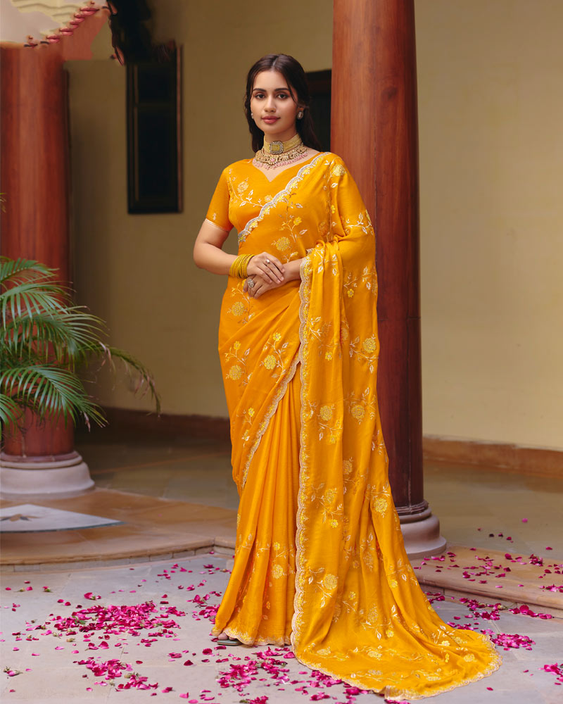 Yellowish Orange Designer Fancy Chiffon Saree With Zari Embroidery-Diamond Work And Cut Work Border