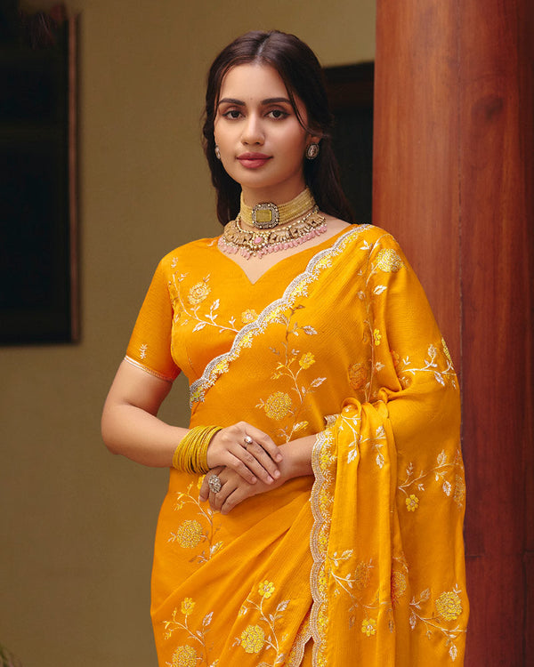 Yellowish Orange Designer Fancy Chiffon Saree With Zari Embroidery-Diamond Work And Cut Work Border