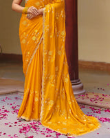 Yellowish Orange Designer Fancy Chiffon Saree With Zari Embroidery-Diamond Work And Cut Work Border
