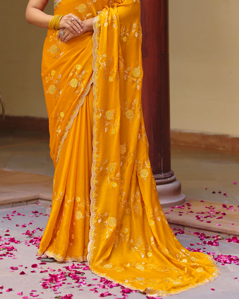 Yellowish Orange Designer Fancy Chiffon Saree With Zari Embroidery-Diamond Work And Cut Work Border