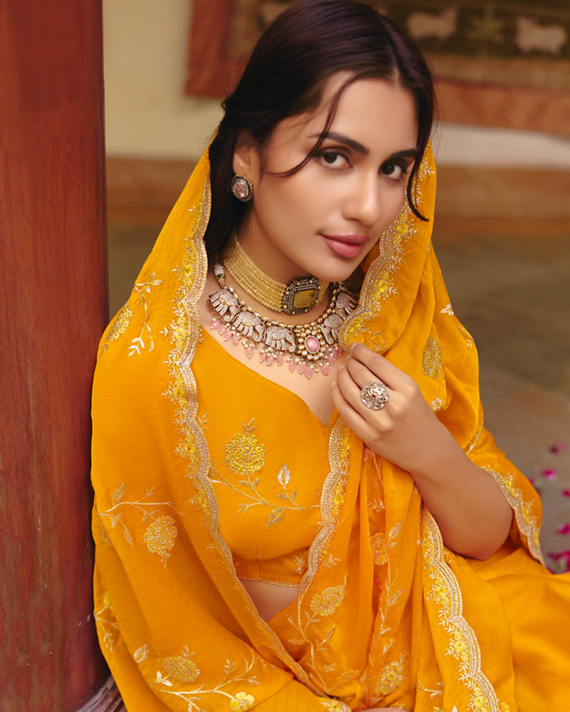 Yellowish Orange Designer Fancy Chiffon Saree With Zari Embroidery-Diamond Work And Cut Work Border