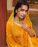 Yellowish Orange Designer Fancy Chiffon Saree With Zari Embroidery-Diamond Work And Cut Work Border