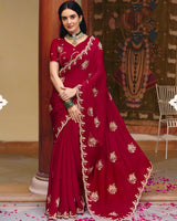 Paprika Red Designer Fancy Chiffon Saree With Zari Embroidery-Diamond Work And Cut Work Border