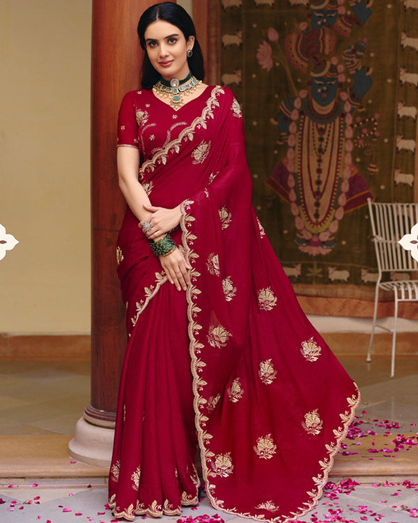 Paprika Red Designer Fancy Chiffon Saree With Zari Embroidery-Diamond Work And Cut Work Border