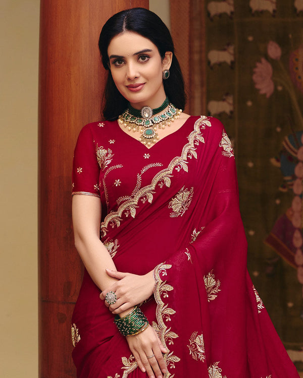 Paprika Red Designer Fancy Chiffon Saree With Zari Embroidery-Diamond Work And Cut Work Border