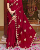 Paprika Red Designer Fancy Chiffon Saree With Zari Embroidery-Diamond Work And Cut Work Border