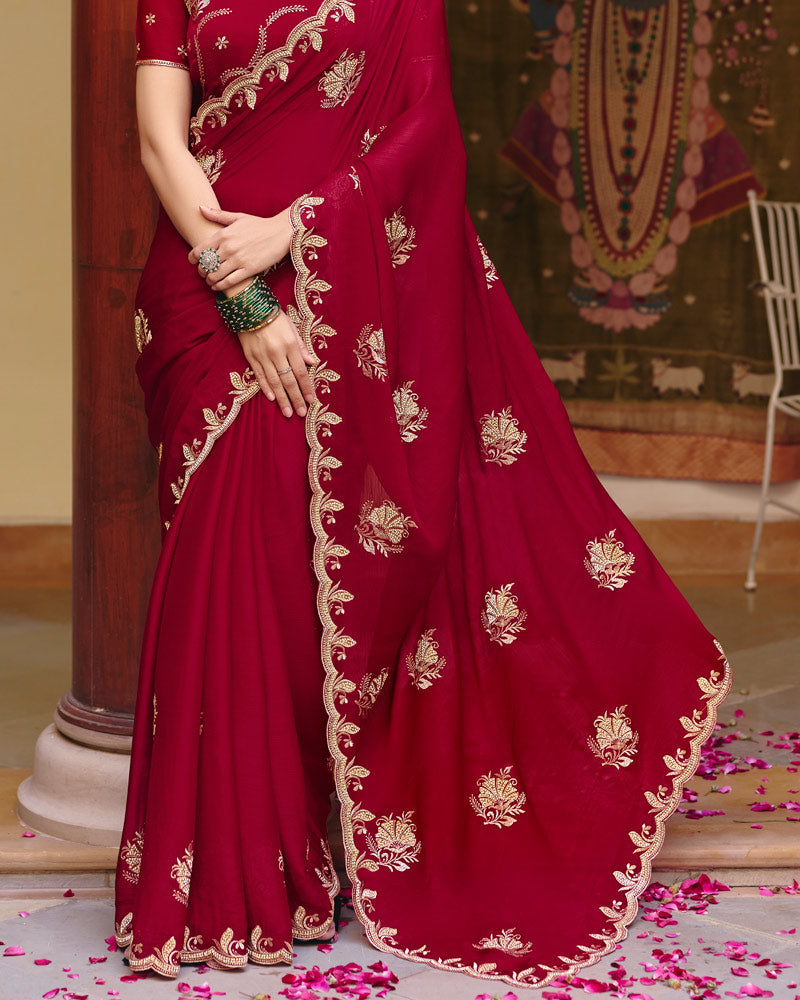 Paprika Red Designer Fancy Chiffon Saree With Zari Embroidery-Diamond Work And Cut Work Border
