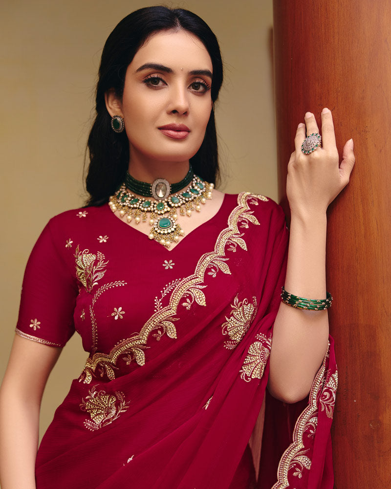 Paprika Red Designer Fancy Chiffon Saree With Zari Embroidery-Diamond Work And Cut Work Border