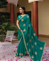 Deep Sea Green Designer Fancy Chiffon Saree With Zari Embroidery-Diamond Work And Cut Work Border
