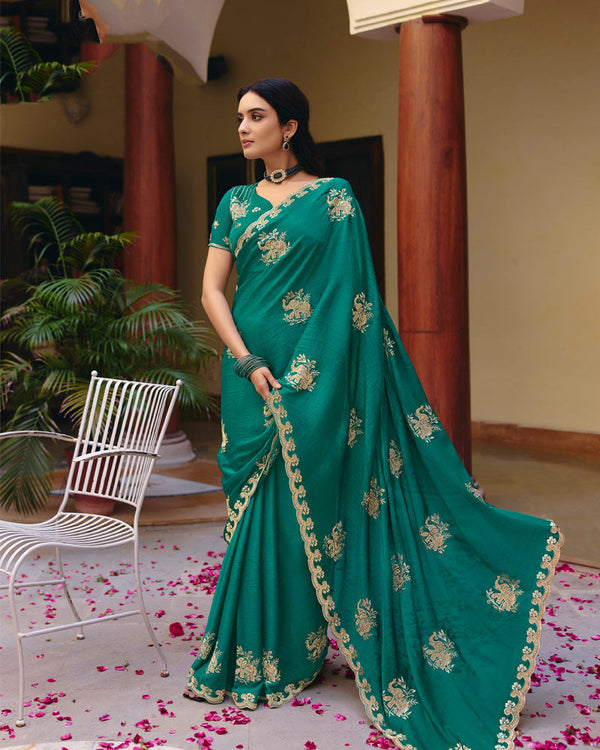 Deep Sea Green Designer Fancy Chiffon Saree With Zari Embroidery-Diamond Work And Cut Work Border