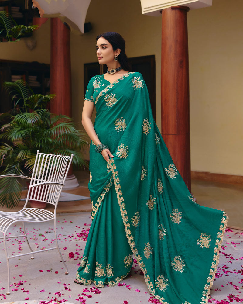 Deep Sea Green Designer Fancy Chiffon Saree With Zari Embroidery-Diamond Work And Cut Work Border