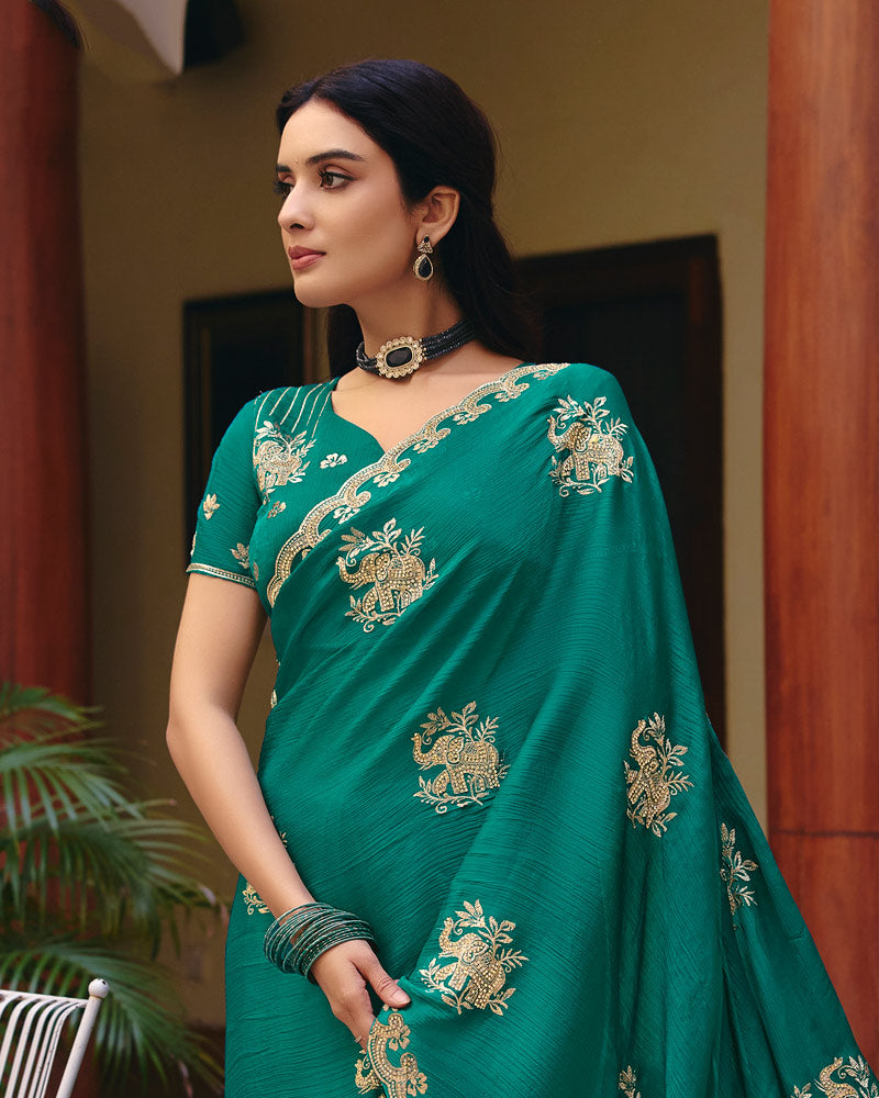 Deep Sea Green Designer Fancy Chiffon Saree With Zari Embroidery-Diamond Work And Cut Work Border