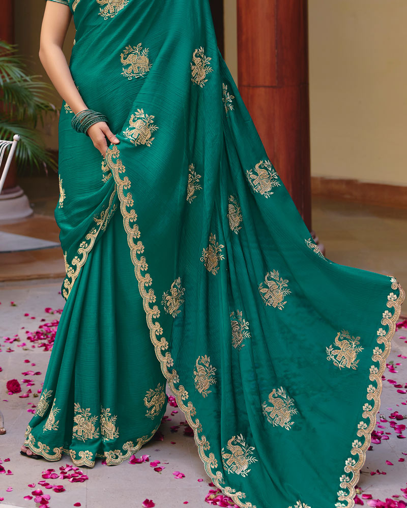 Deep Sea Green Designer Fancy Chiffon Saree With Zari Embroidery-Diamond Work And Cut Work Border