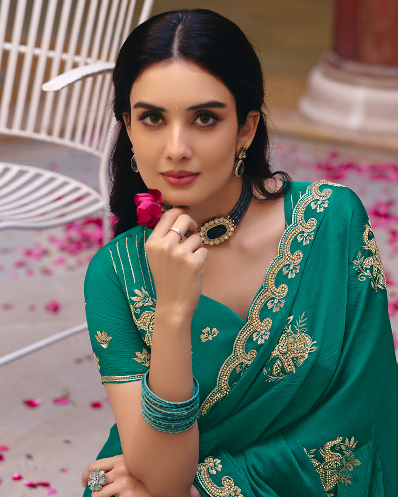Deep Sea Green Designer Fancy Chiffon Saree With Zari Embroidery-Diamond Work And Cut Work Border
