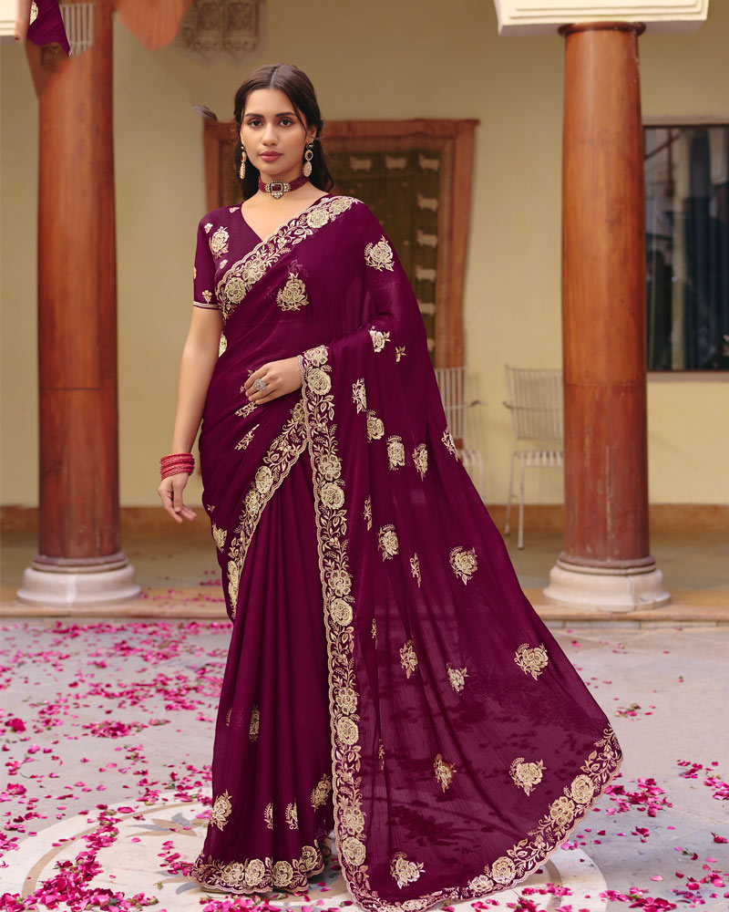 Wineberry Designer Fancy Chiffon Saree With Zari Embroidery-Diamond Work And Cut Work Border