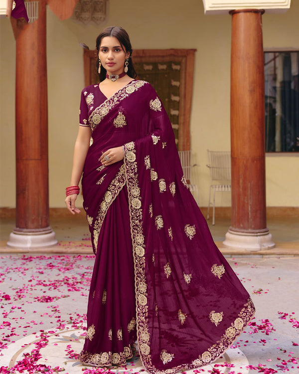 Wineberry Designer Fancy Chiffon Saree With Zari Embroidery-Diamond Work And Cut Work Border