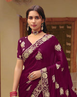 Wineberry Designer Fancy Chiffon Saree With Zari Embroidery-Diamond Work And Cut Work Border