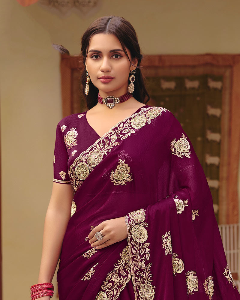 Wineberry Designer Fancy Chiffon Saree With Zari Embroidery-Diamond Work And Cut Work Border