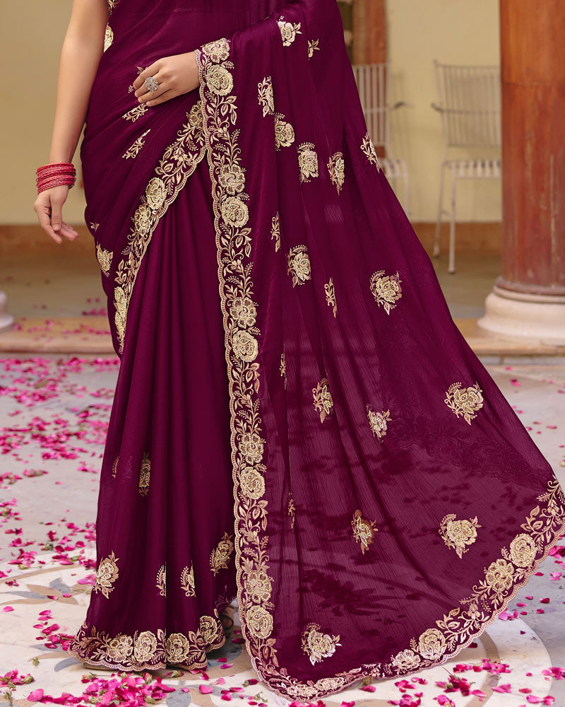 Wineberry Designer Fancy Chiffon Saree With Zari Embroidery-Diamond Work And Cut Work Border