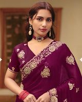 Wineberry Designer Fancy Chiffon Saree With Zari Embroidery-Diamond Work And Cut Work Border