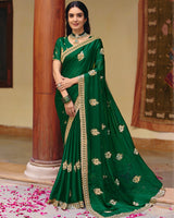 Forest Green Designer Fancy Chiffon Saree With Zari Embroidery-Diamond Work And Cut Work Border