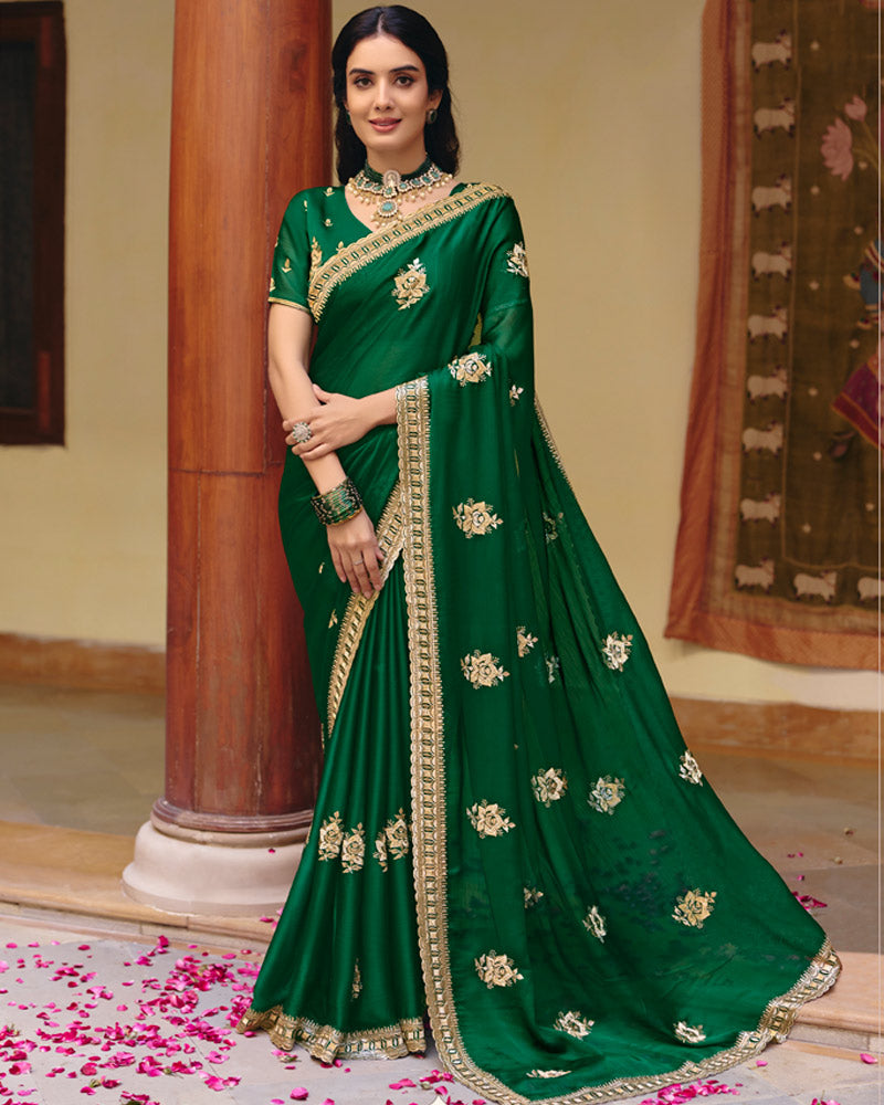 Forest Green Designer Fancy Chiffon Saree With Zari Embroidery-Diamond Work And Cut Work Border