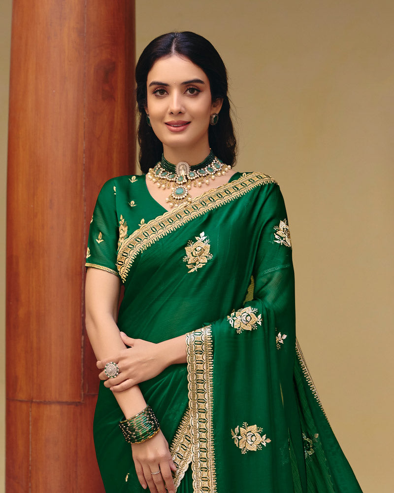 Forest Green Designer Fancy Chiffon Saree With Zari Embroidery-Diamond Work And Cut Work Border