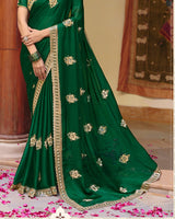 Forest Green Designer Fancy Chiffon Saree With Zari Embroidery-Diamond Work And Cut Work Border