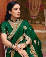 Forest Green Designer Fancy Chiffon Saree With Zari Embroidery-Diamond Work And Cut Work Border