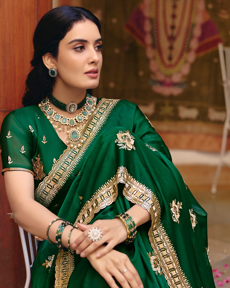 Forest Green Designer Fancy Chiffon Saree With Zari Embroidery-Diamond Work And Cut Work Border