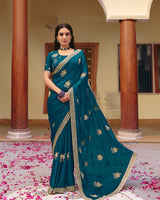 Peacock Blue Designer Fancy Chiffon Saree With Zari Embroidery-Diamond Work And Cut Work Border