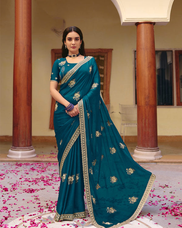 Peacock Blue Designer Fancy Chiffon Saree With Zari Embroidery-Diamond Work And Cut Work Border