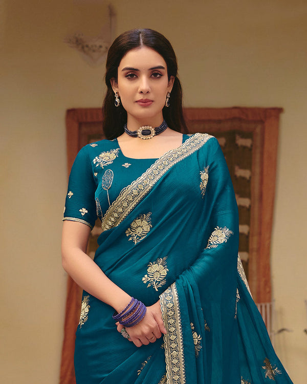 Peacock Blue Designer Fancy Chiffon Saree With Zari Embroidery-Diamond Work And Cut Work Border