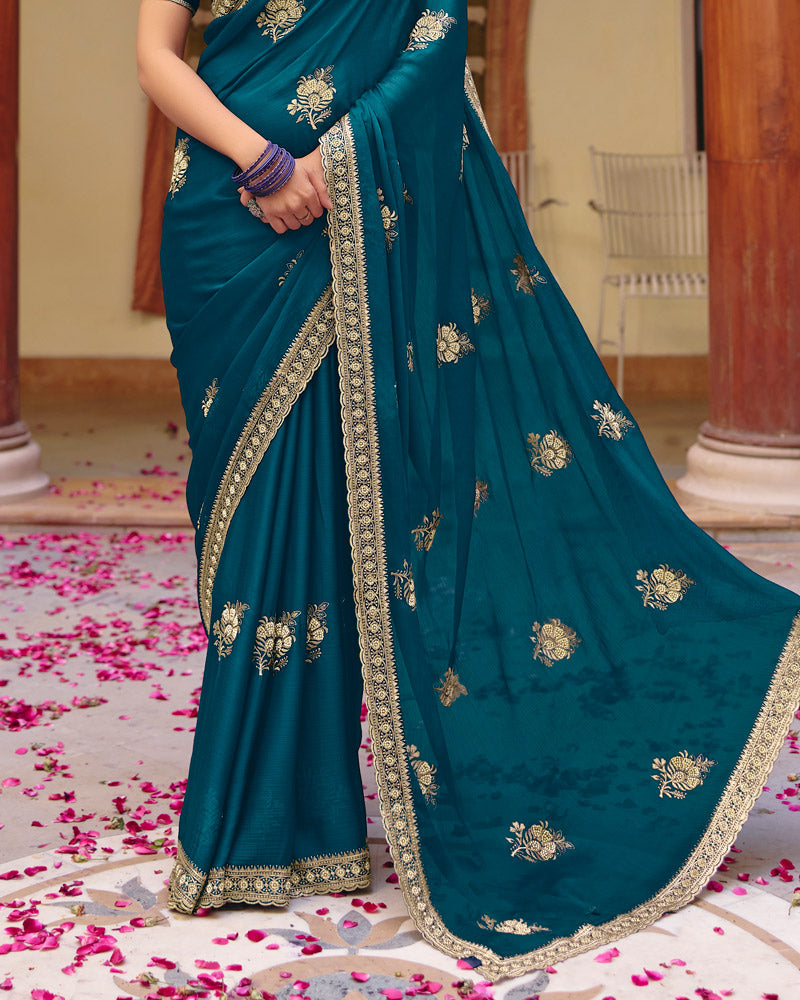 Peacock Blue Designer Fancy Chiffon Saree With Zari Embroidery-Diamond Work And Cut Work Border