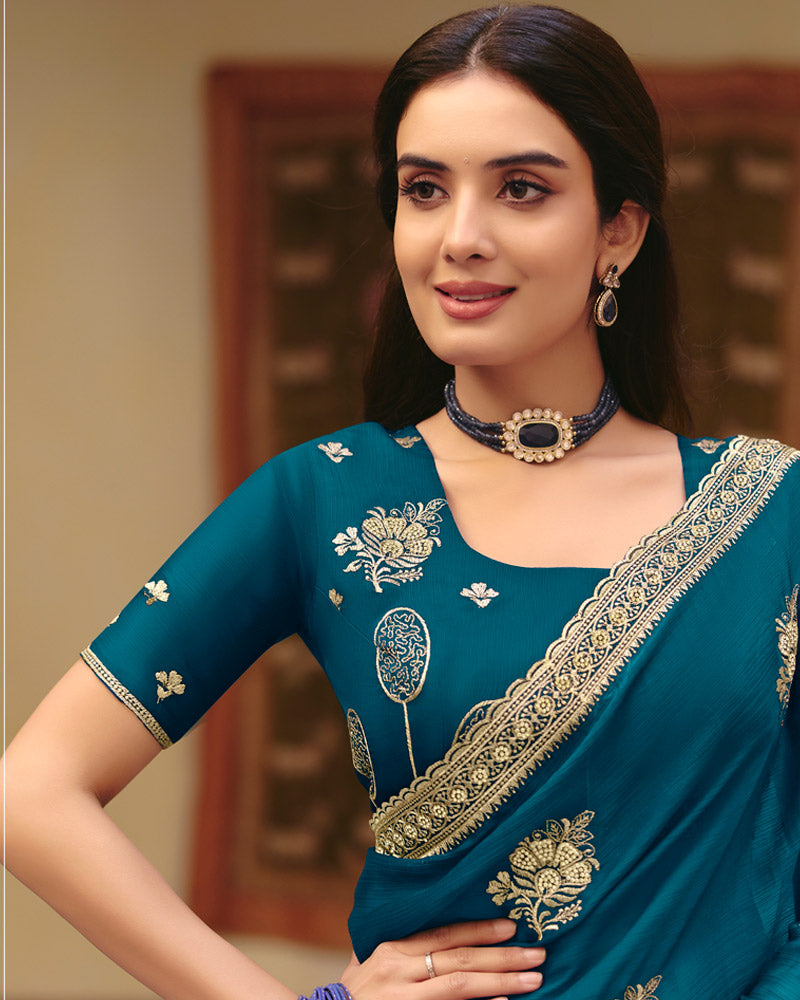 Peacock Blue Designer Fancy Chiffon Saree With Zari Embroidery-Diamond Work And Cut Work Border