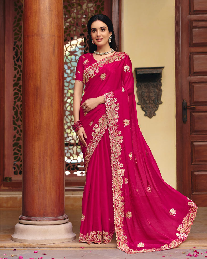 Raspberry Pink Designer Fancy Chiffon Saree With Zari Embroidery-Diamond Work And Cut Work Border