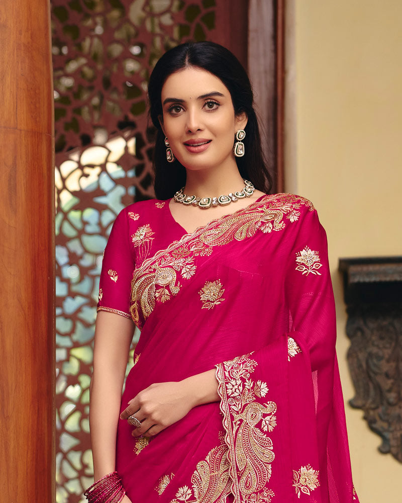 Raspberry Pink Designer Fancy Chiffon Saree With Zari Embroidery-Diamond Work And Cut Work Border