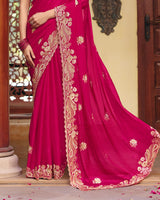 Raspberry Pink Designer Fancy Chiffon Saree With Zari Embroidery-Diamond Work And Cut Work Border