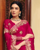 Raspberry Pink Designer Fancy Chiffon Saree With Zari Embroidery-Diamond Work And Cut Work Border