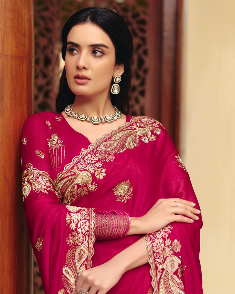 Raspberry Pink Designer Fancy Chiffon Saree With Zari Embroidery-Diamond Work And Cut Work Border