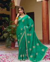 Pine Green Designer Fancy Chiffon Saree With Zari Embroidery-Diamond Work And Cut Work Border