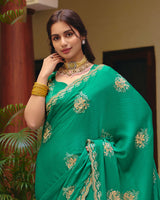 Pine Green Designer Fancy Chiffon Saree With Zari Embroidery-Diamond Work And Cut Work Border