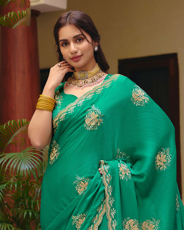 Pine Green Designer Fancy Chiffon Saree With Zari Embroidery-Diamond Work And Cut Work Border