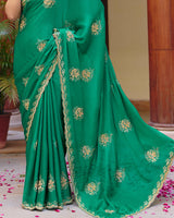 Pine Green Designer Fancy Chiffon Saree With Zari Embroidery-Diamond Work And Cut Work Border