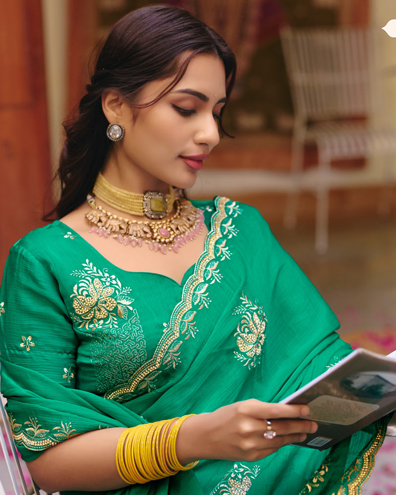 Pine Green Designer Fancy Chiffon Saree With Zari Embroidery-Diamond Work And Cut Work Border