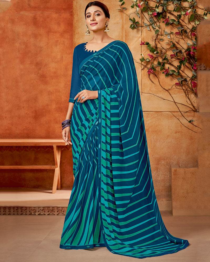 Vishal Prints Atoll Blue Printed Georgette Saree With Fancy Border