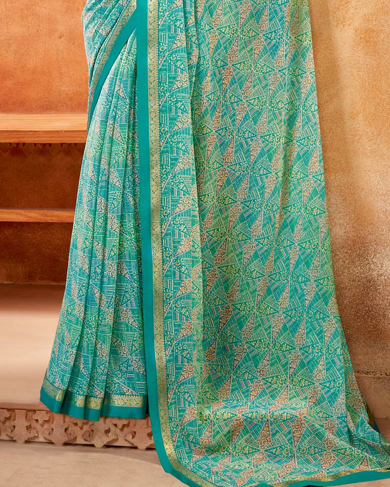Vishal Prints Teal Blue Printed Georgette Saree With Fancy Border