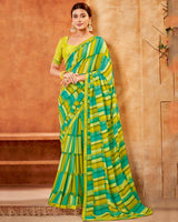 Vishal Prints Olive Yellow Printed Georgette Saree With Fancy Border